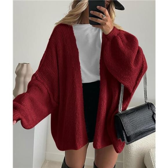 Womens Oversized Cardigan Sweaters Wine Red - Picture 3 of 6
